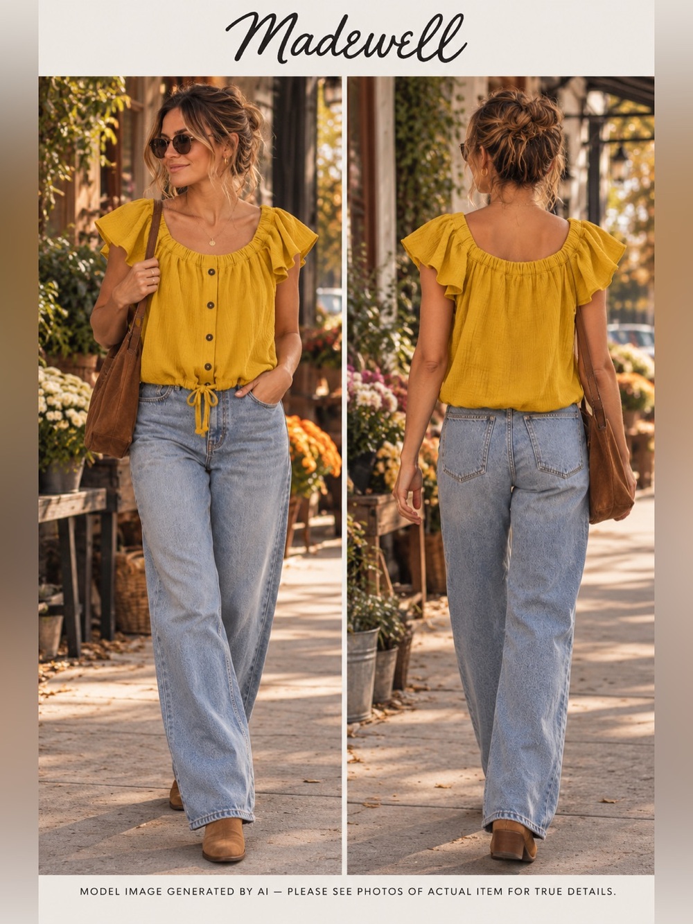 Madewell Flutter Sleeve Peasant Top Cottagecore Boho Gauze Tie Hem Large Buttons